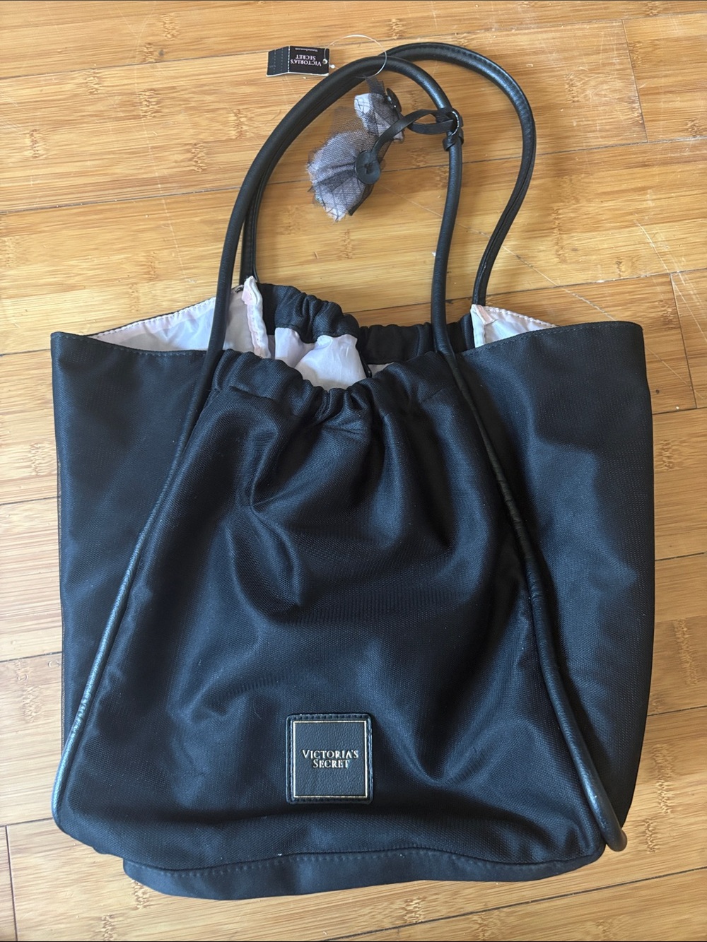 Victoria's Secret Black Drawstring Shopper Tote with Double Straps